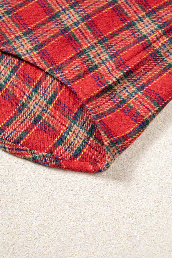 Red Casual Plaid Color Block Collared Button Shacket