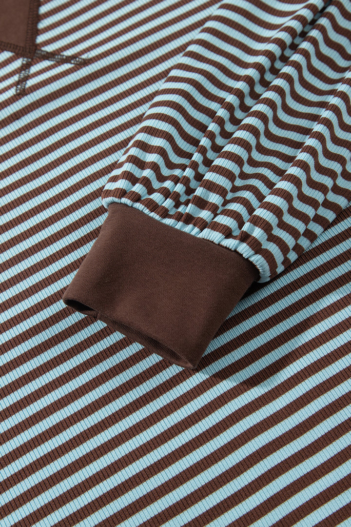 Brown Stripe Drop Shoulder Loose Top and Pants Two Piece Set