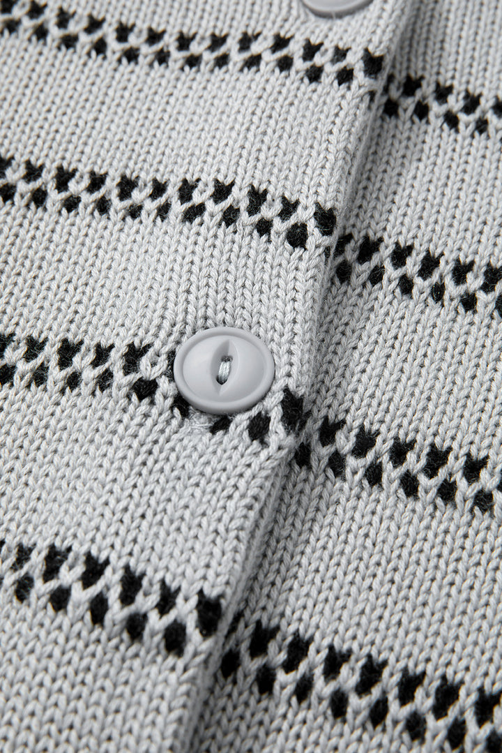 Gray Stripe Button Front Ribbed Trim Short Cardigan