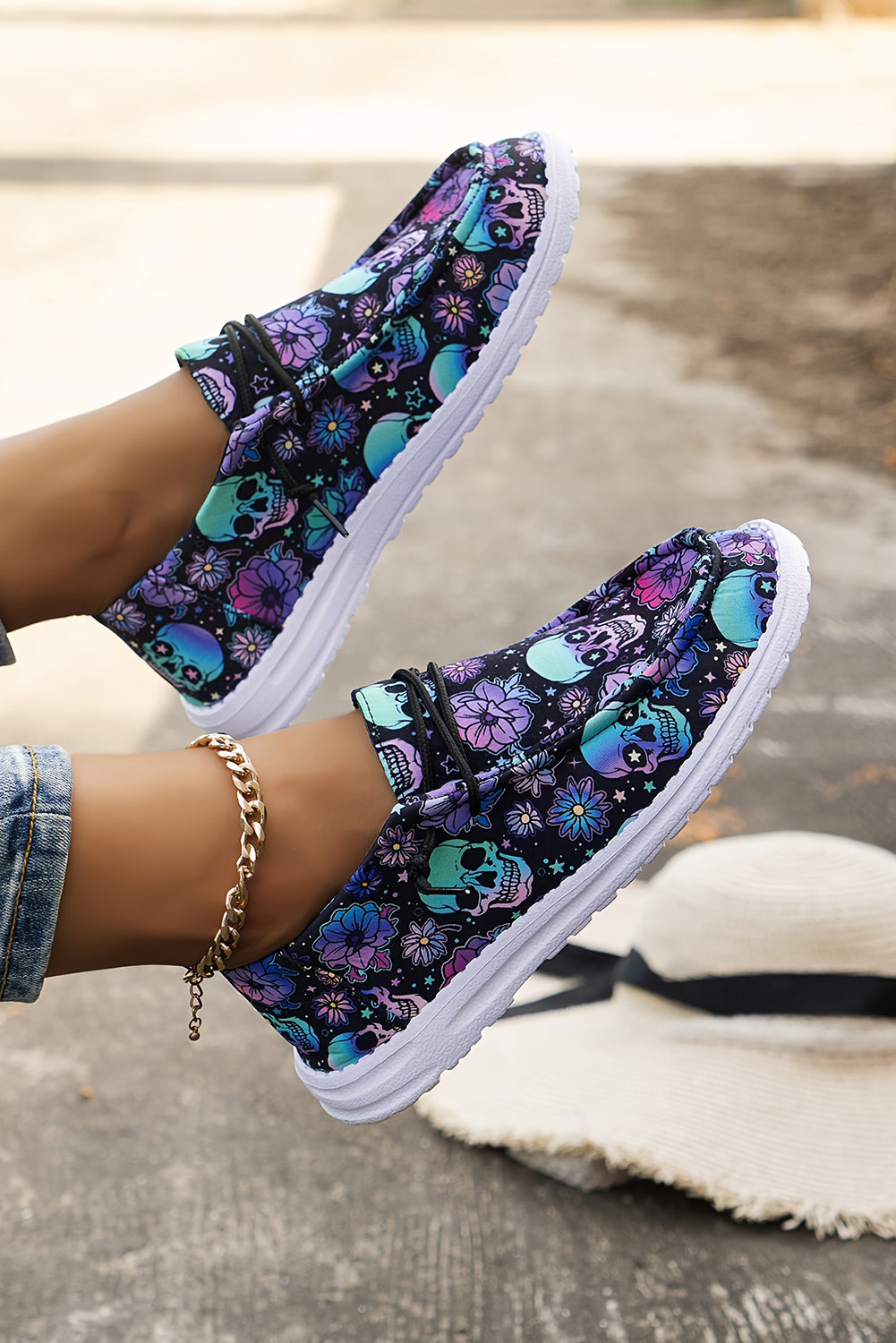 Sugar Skull Print Lace-up Detail Halloween Flat Shoes