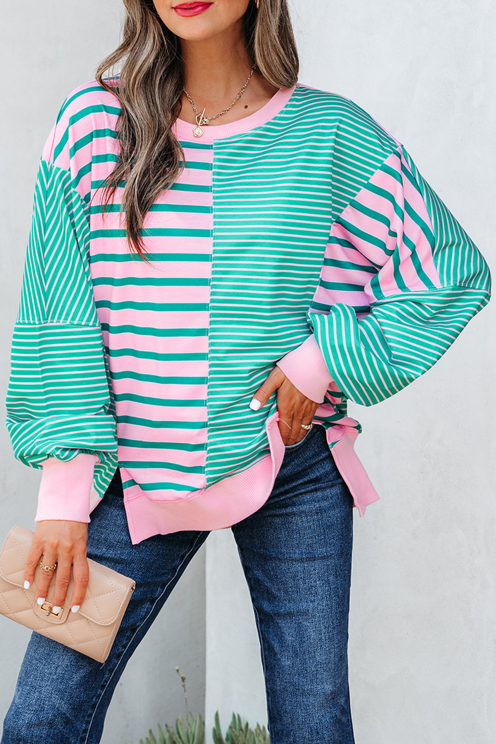 Mix Pattern Color Block Patchwork Side Slit Baggy Sweatshirt