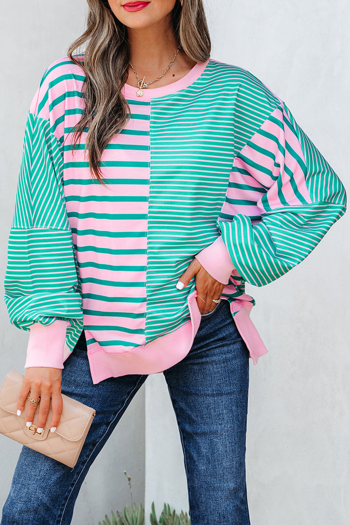 Mix Pattern Color Block Patchwork Side Slit Baggy Sweatshirt