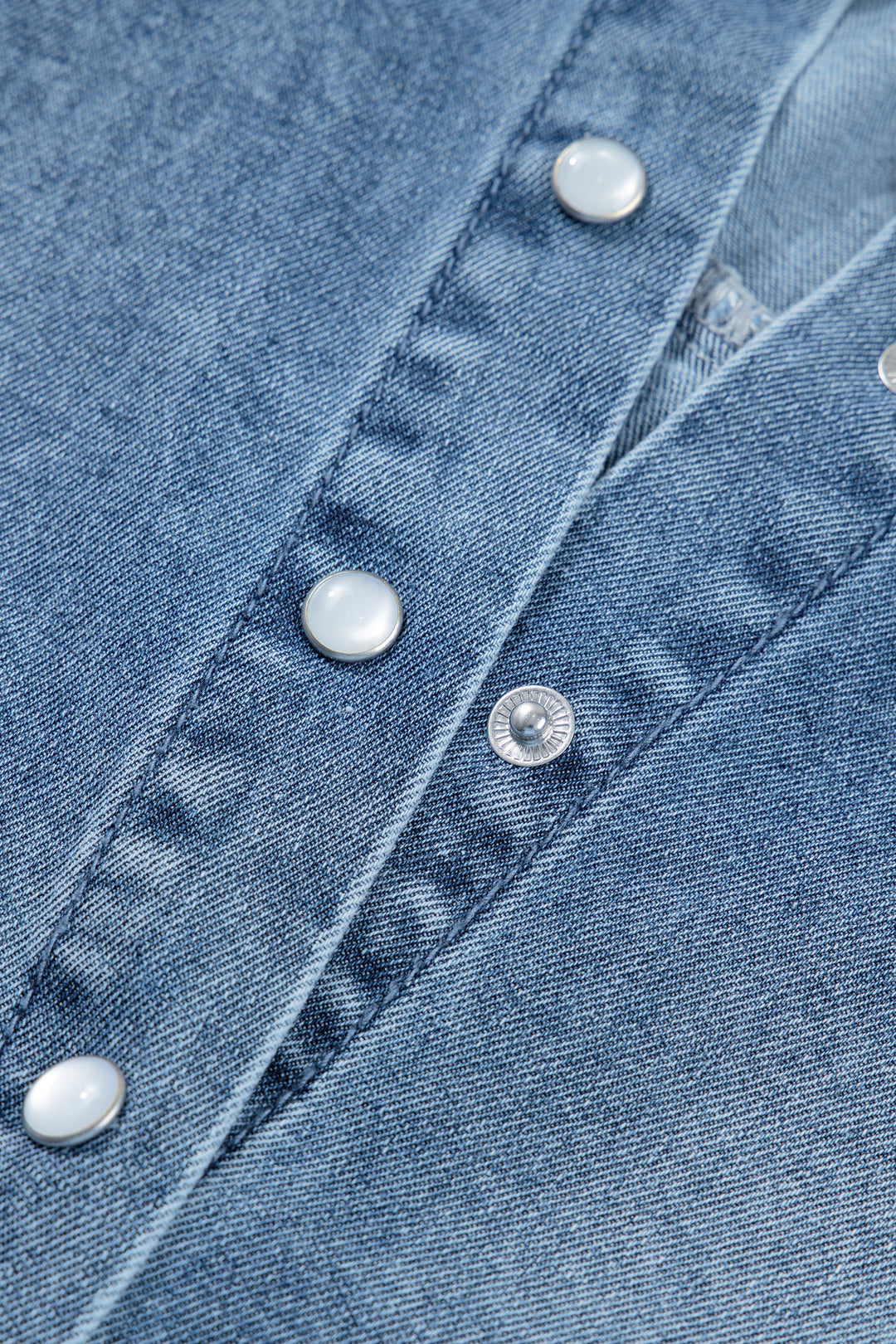 Beau Blue Frilled Short Sleeve Snap Button Denim Shirt