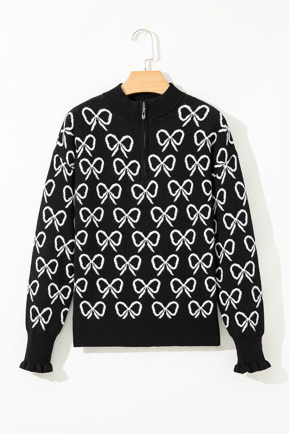 Cute Bow Pattern Drop Shoulder Zipped Collar Sweater