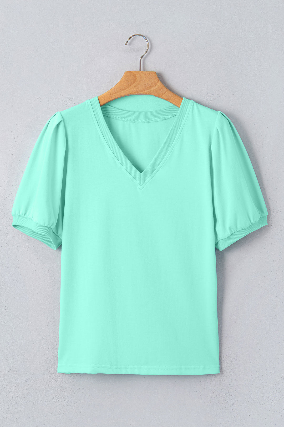 Mint Green Solid Color V Neck Short Puff Sleeve Blouse