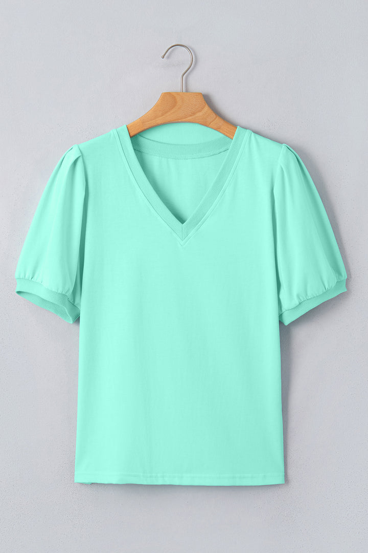 Mint Green Solid Color V Neck Short Puff Sleeve Blouse