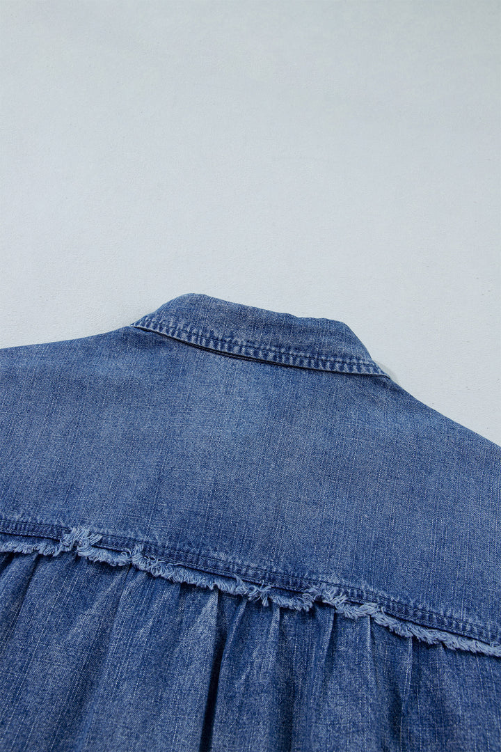 Dusk Blue Three Quarter Sleeve Button Front Loose Denim Shirt