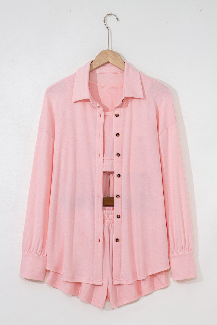 Pink 3 Pcs Crop Tank Top Shorts with Cardigan Lounge Set