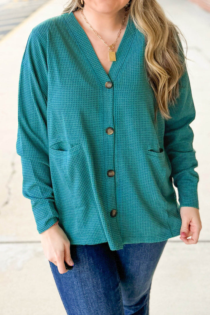 Lapis Waffle Textured Button Front Tunic Plus Size Cardigan