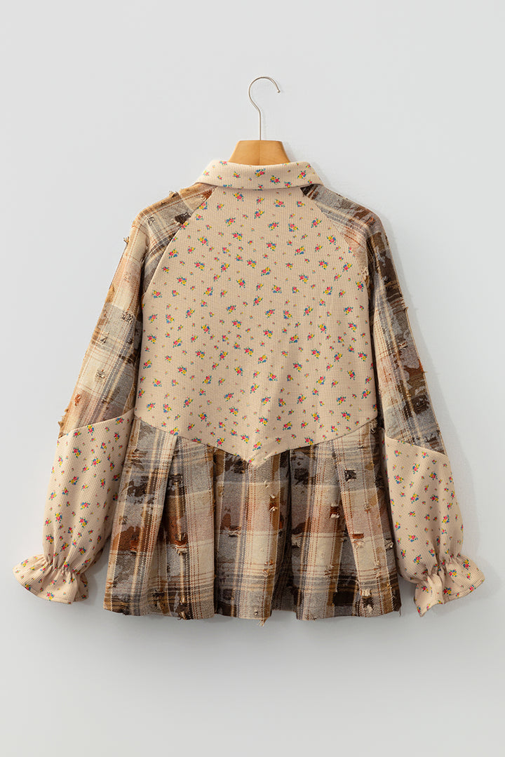 Oatmeal Boho Floral Plaid Patchwork Ruffled Sleeve Waffle Knit Shacket