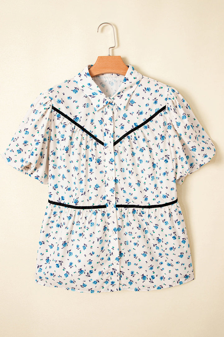 contrast trim floral puff short sleeve shirt
