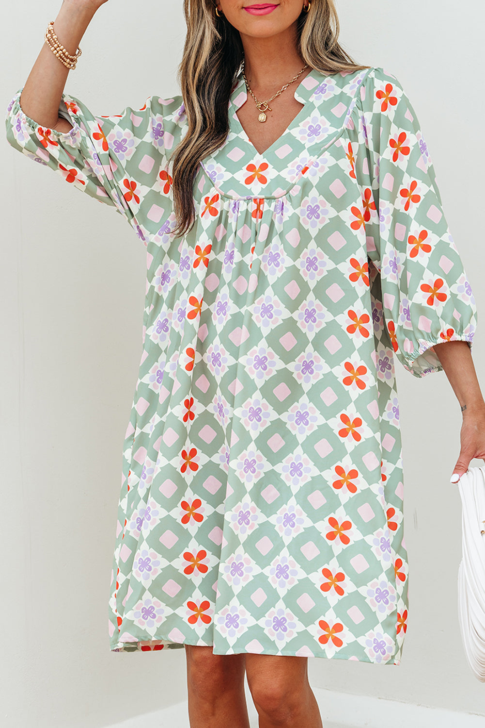geometric floral print 3 4 sleeve notched neck mini dress