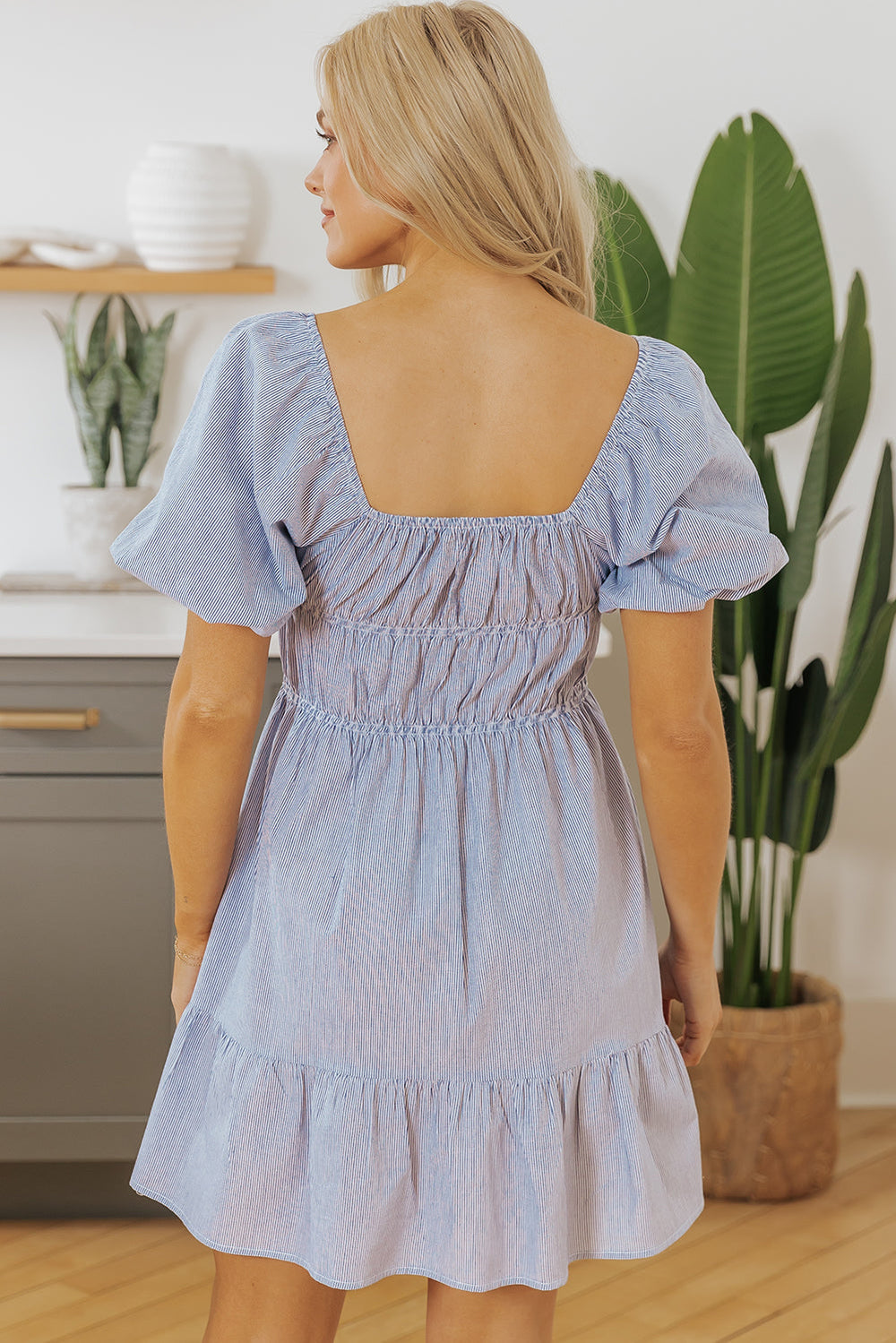 Bubble Sleeve Square Neck Ruched Pocketed Babydoll Dress