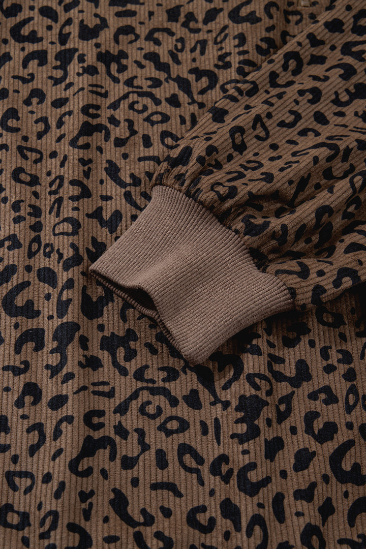 Leopard Print Quarter Zip Corduroy Sweatshirt