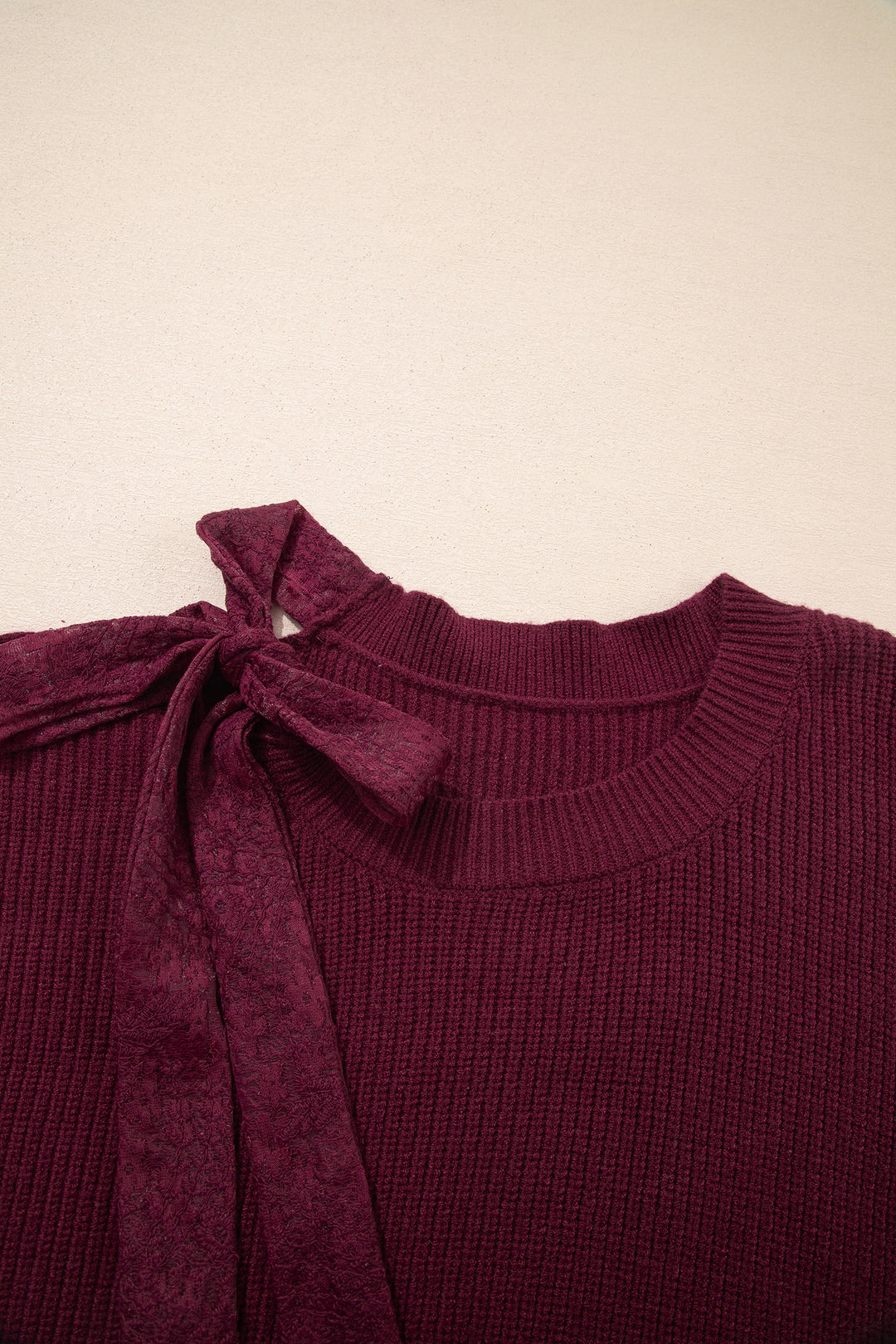 Burgundy Lace Bowknot Asymmetric Neck Sweater