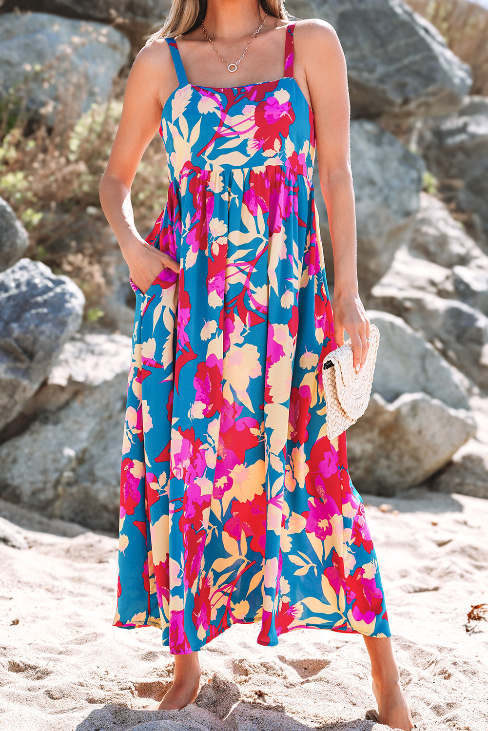 Floral High Waist Sleeveless Flared Long Dress