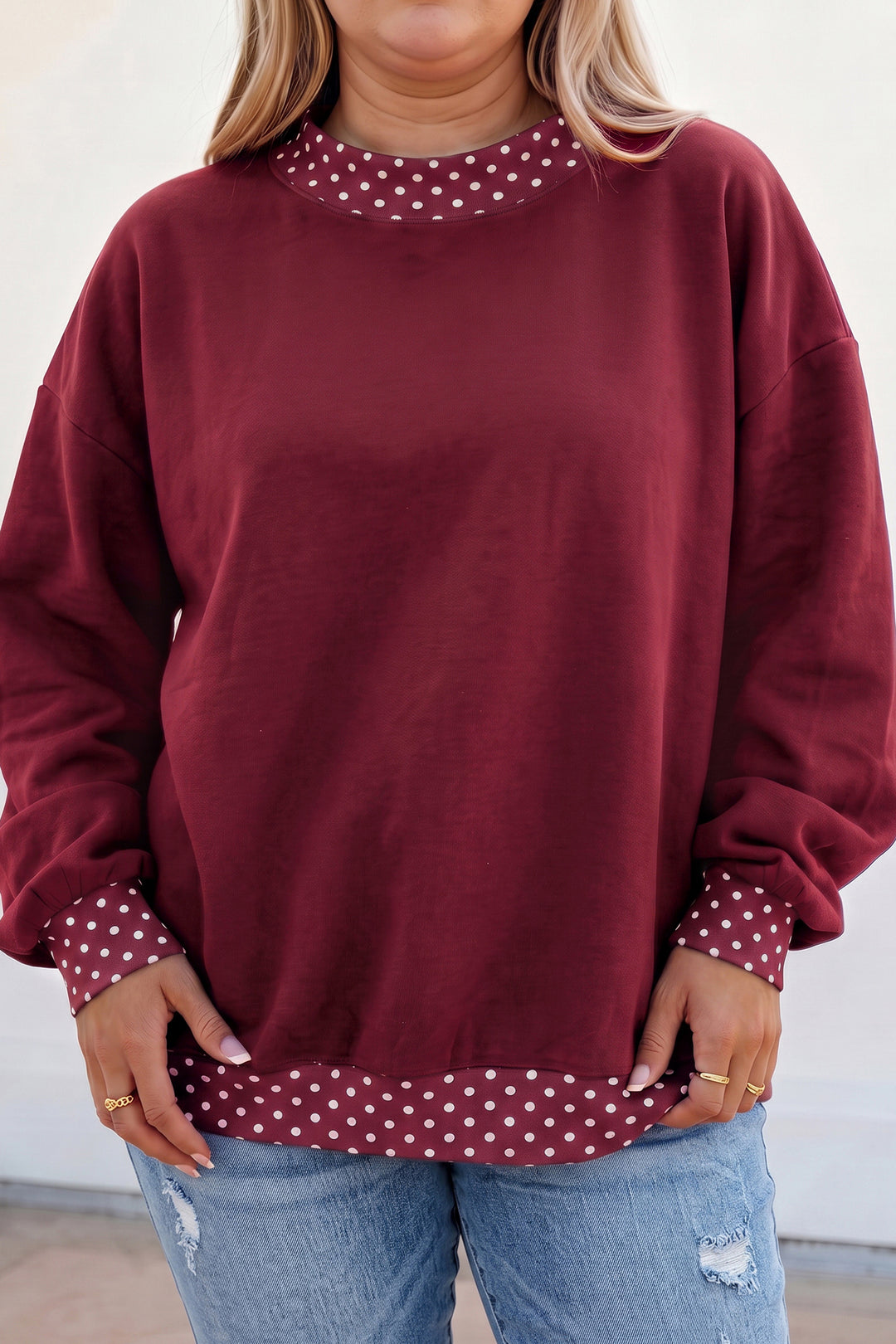 Burgundy Polka Dot Patchwork Round Neck Plus Size Sweatshirt