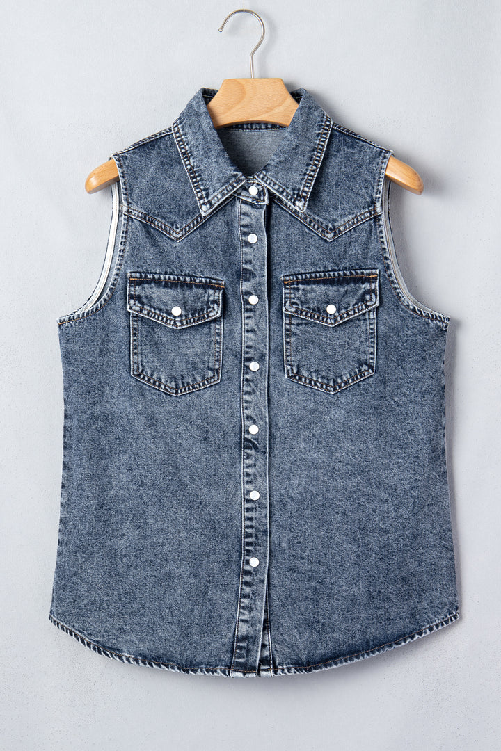 Ashleigh Blue Solid Denim Button Front Pocket Cowboy Vest