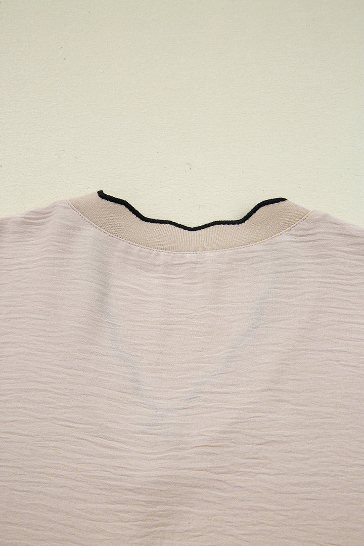 Jet Stream Contrast Scallop Trim V Neck Long Sleeve Blouse