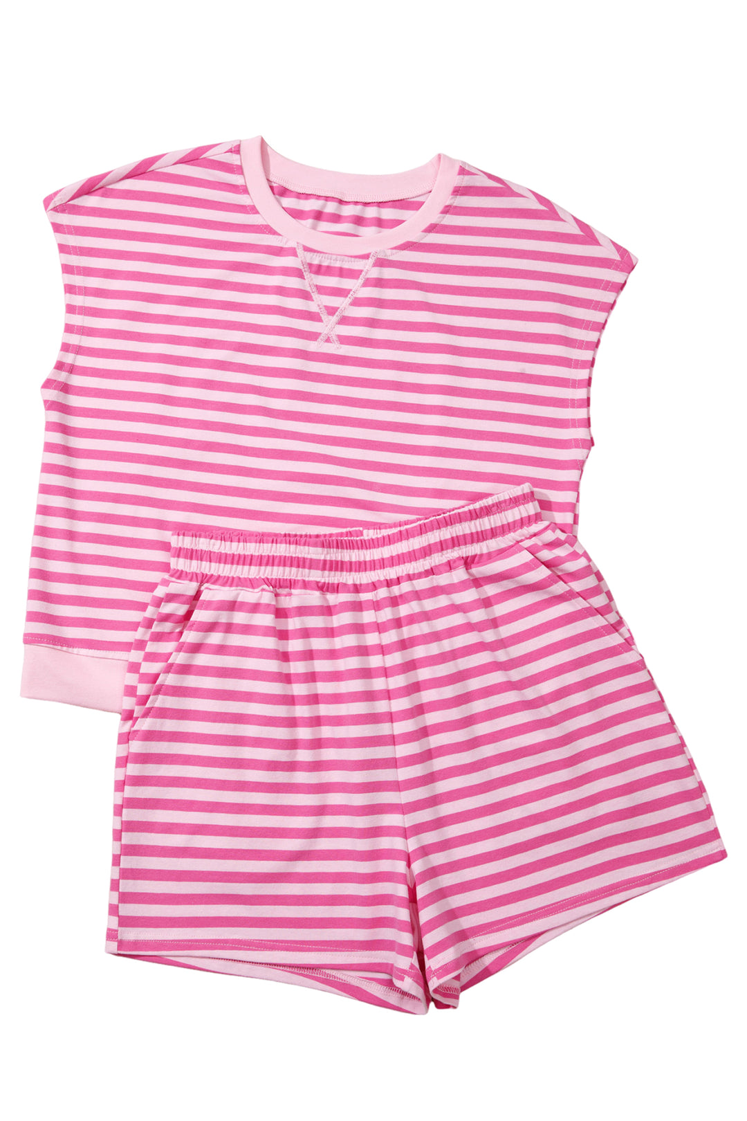 Pink Stripe Cap Sleeve Tee Elastic Waist Shorts 2pcs Outfit