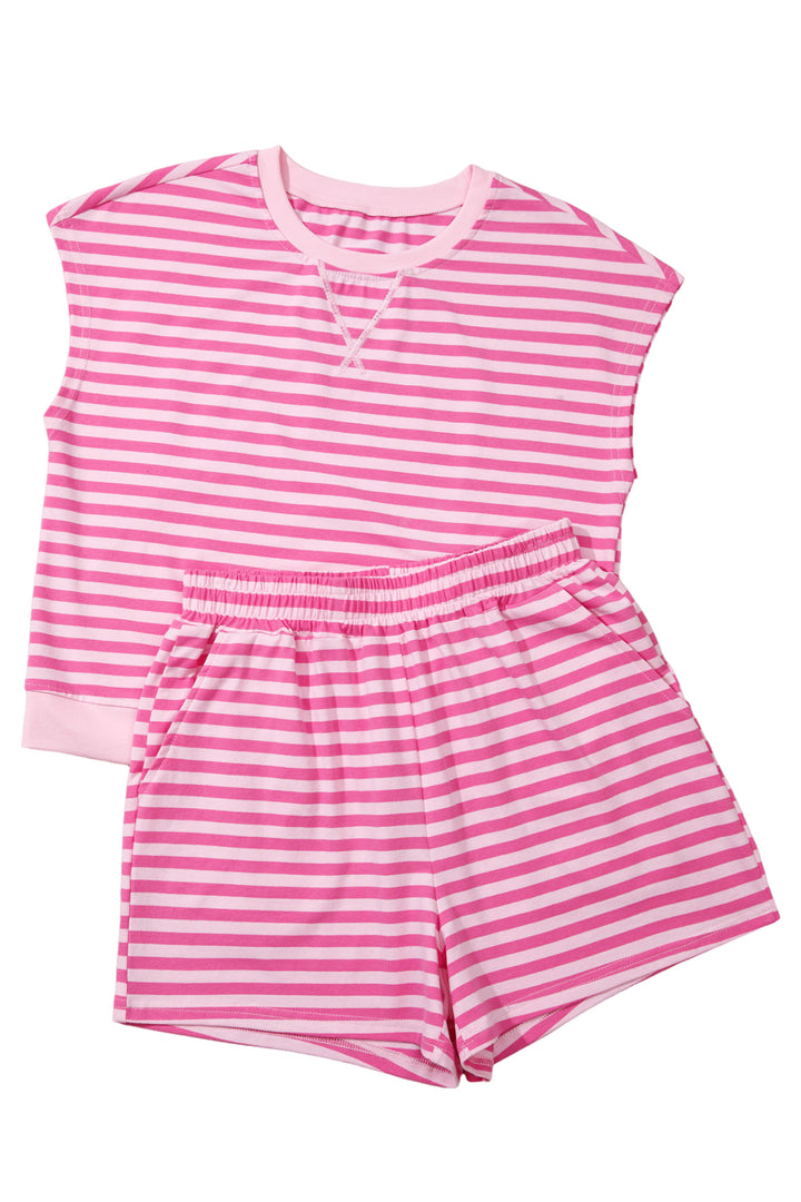 Pink Stripe Cap Sleeve Tee Elastic Waist Shorts 2pcs Outfit