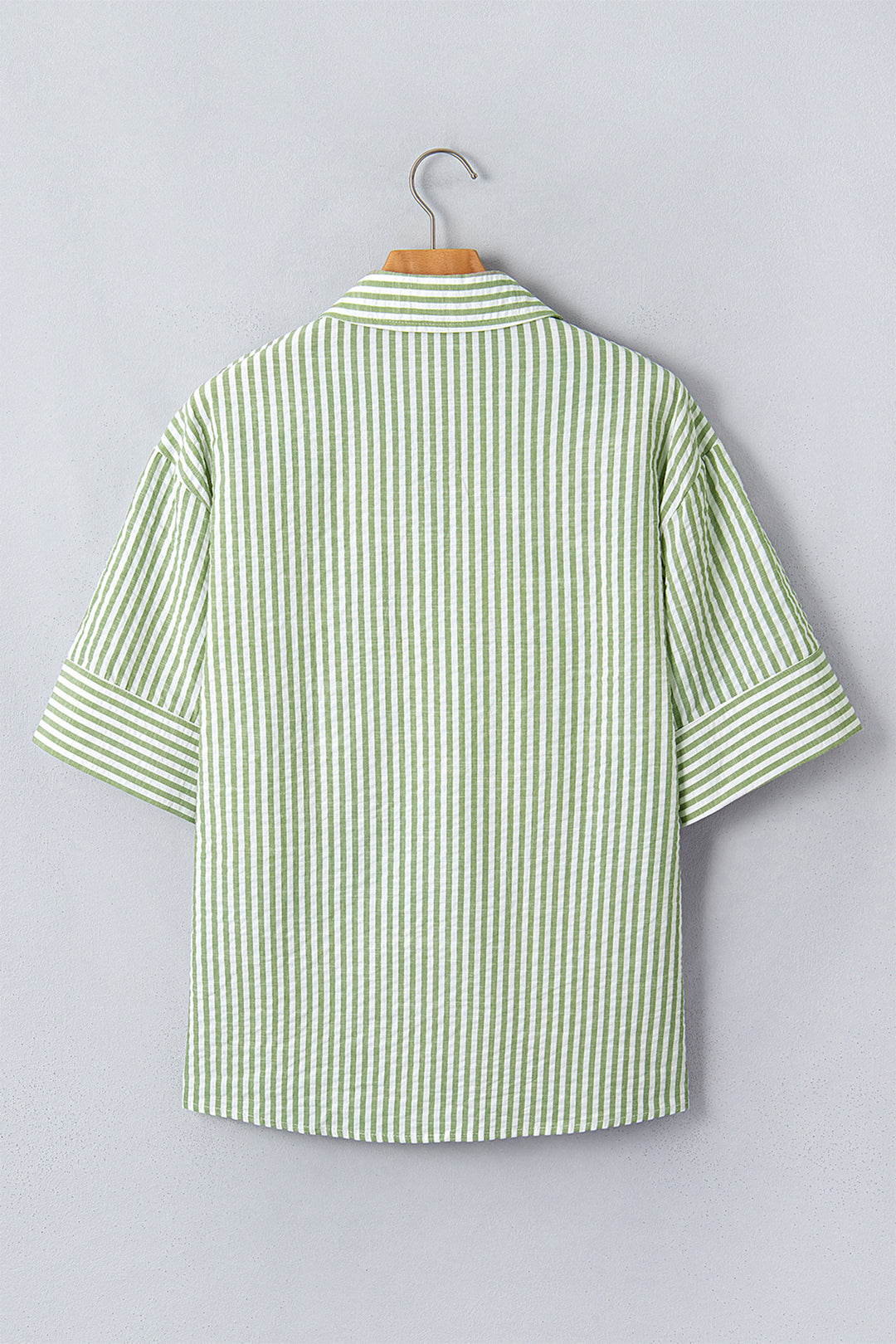 Green Stripe Shirt Collar Half Sleeve Blouse