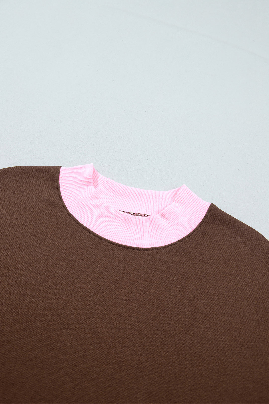 Coffee Colorblock Trim Crewneck Long Sleeve Pullover Sweatshirt