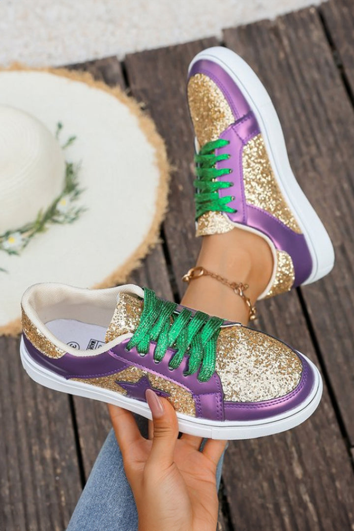 Dearlove Glitter Star Patchwork PU Leather Lace-up Sneakers