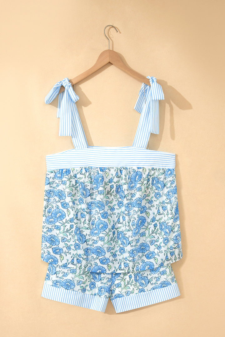 Sky Blue Floral Striped Patchwork Knot Straps 2pcs Short Set