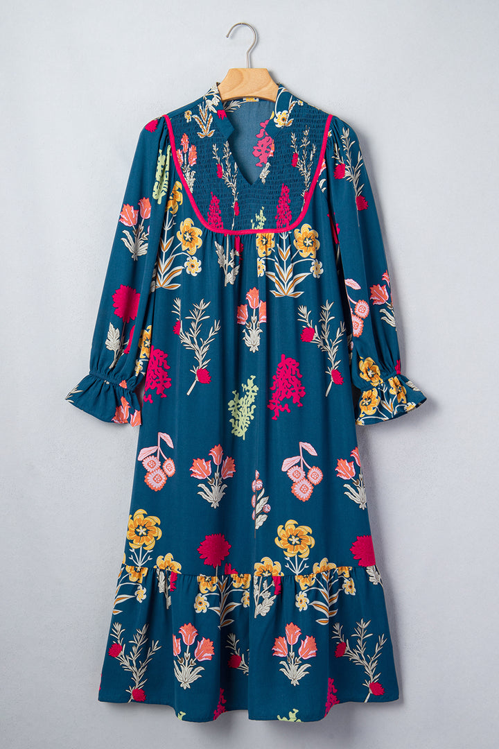 Chic Blue Floral Print Gathered Neckline 7/8 Sleeve Casual Midi Dress