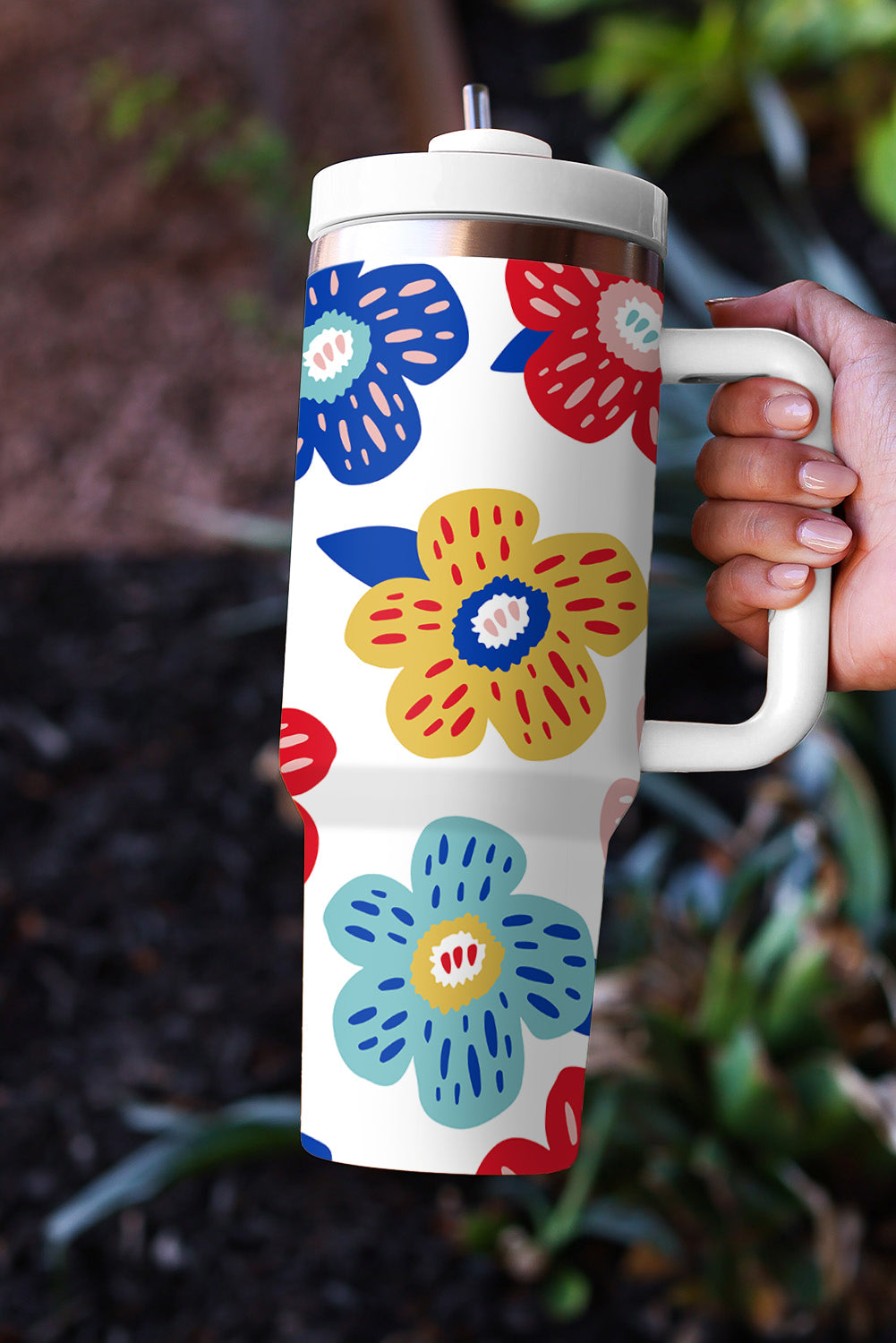 Flower Pattern Stainless Vacuum Cup with Handle 40oz