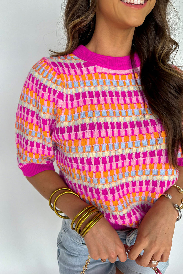 Striped Knitted Short Sleeve Sweater Top