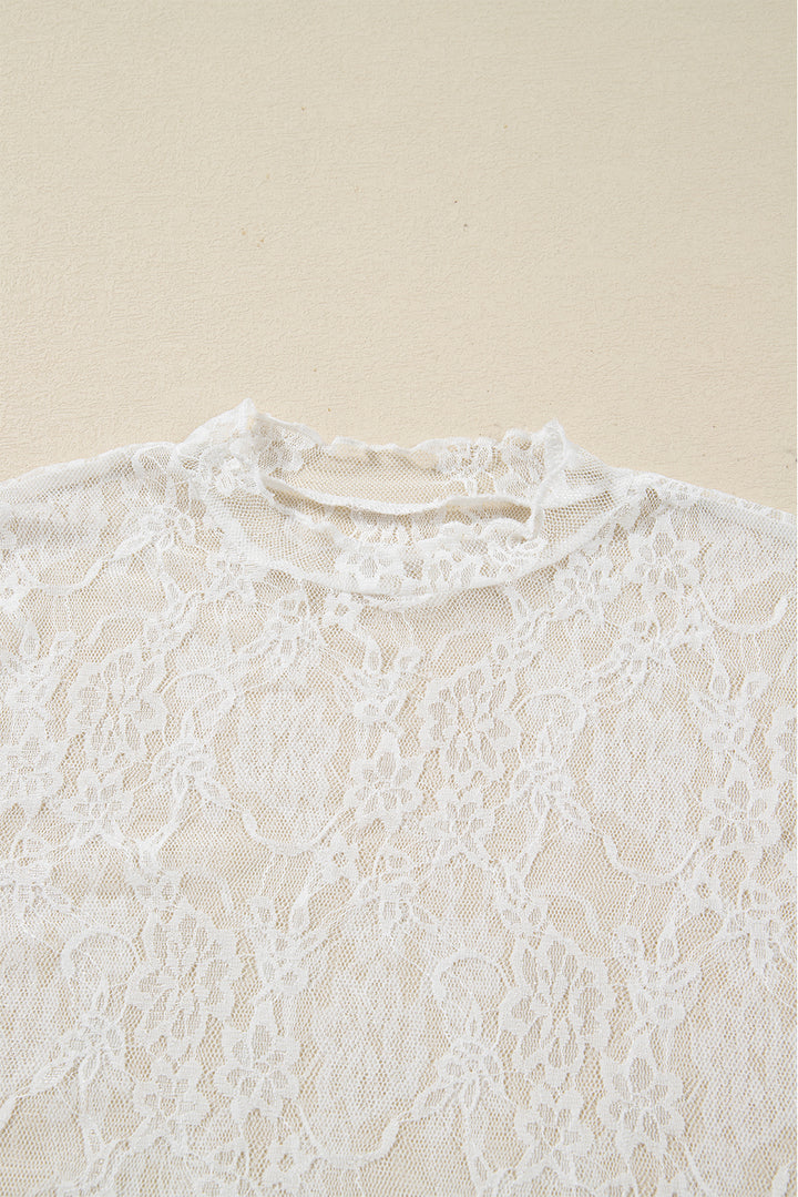 Sheer Lace Mesh Mock Neck Slim Fit Long Sleeve Top