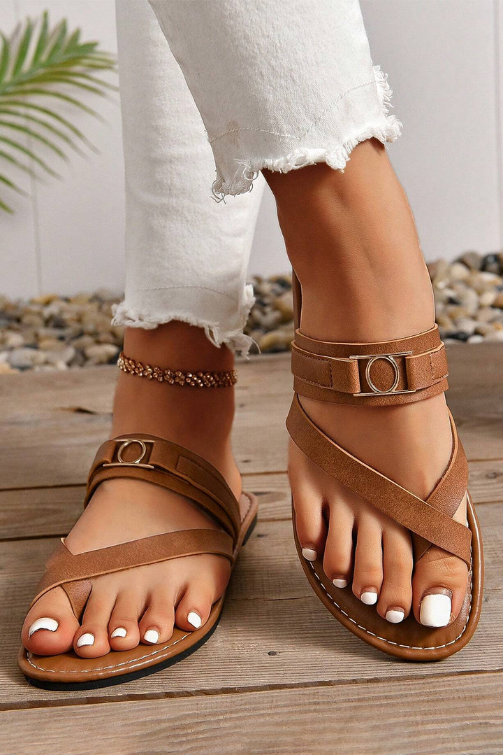 Cross Toe Metal Buckle Leathered Flat Slippers