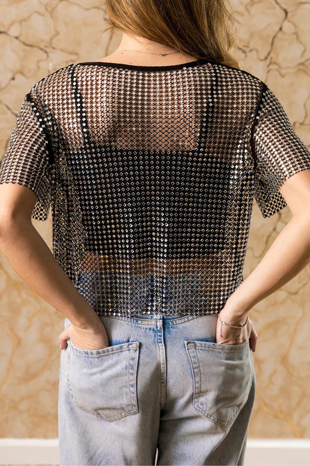 Color black Rhinestone Mesh Round Neck Raw Hem T Shirt