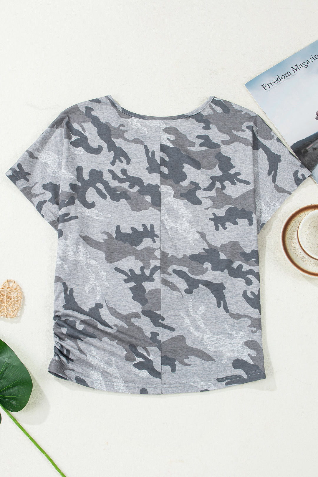 Casual Gray Camouflage Print Round Neck T Shirt