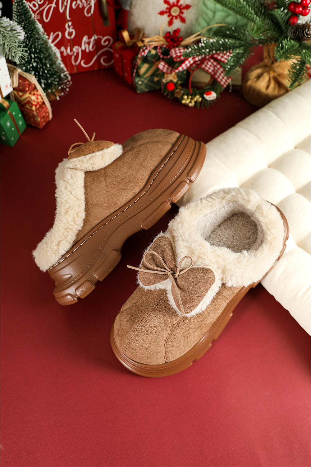 Cozy Faux Fur Lined Bow Decor Clog Slippers