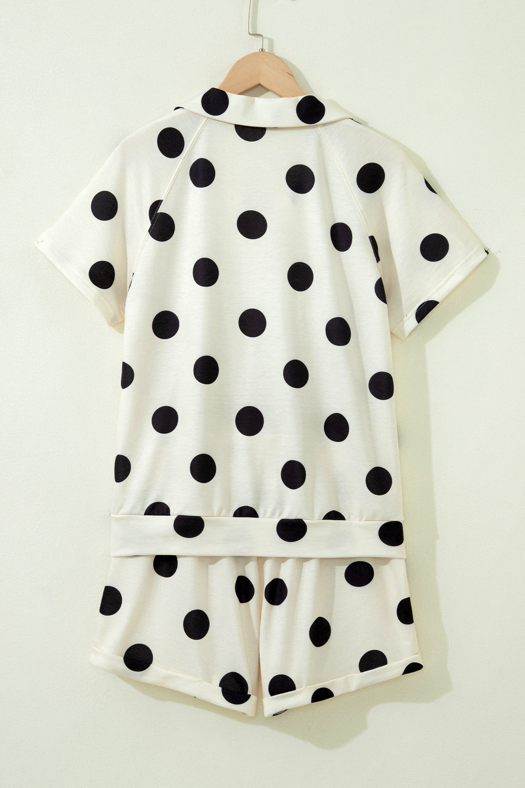 Beige Polka Dot Print V Neck Tee Short Set