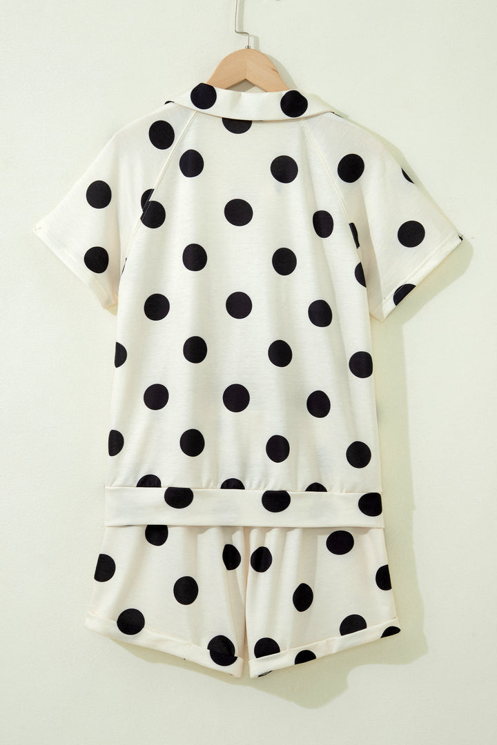 Beige Polka Dot Print V Neck Tee Short Set