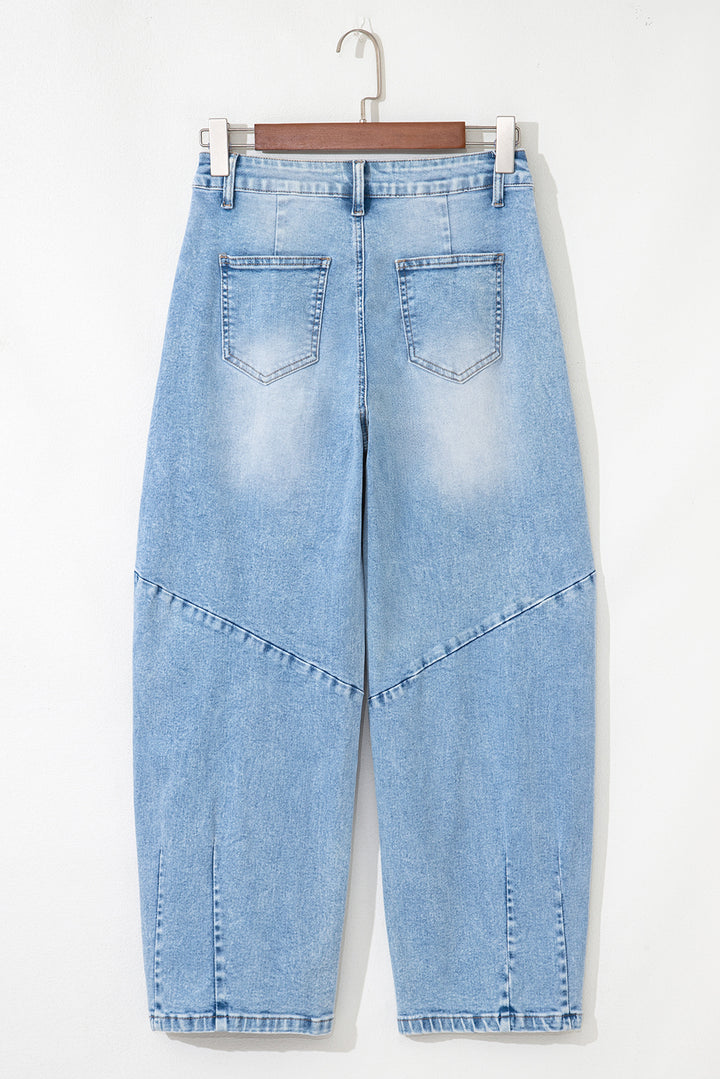 Beau Blue Flower Patched Light Wash Cropped High Waist Barrel Jeans