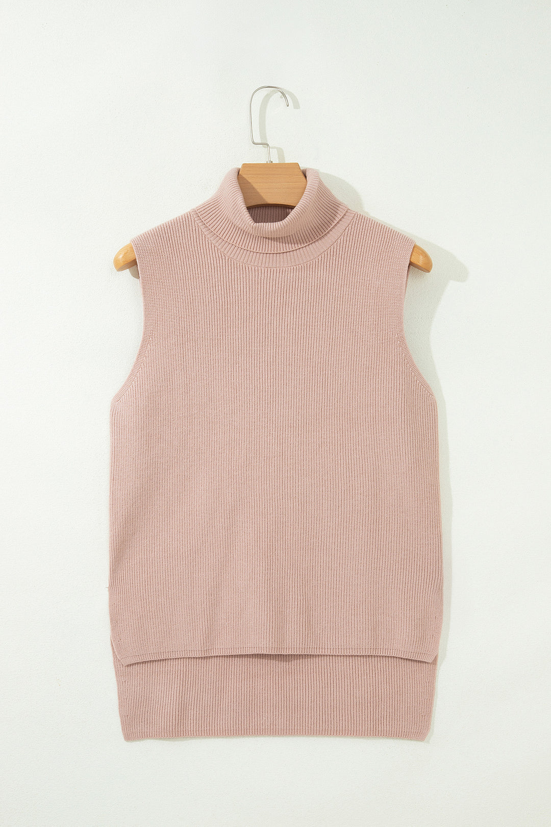Light French Beige Sleeveless High Neck Knit Wool Sweater Vest