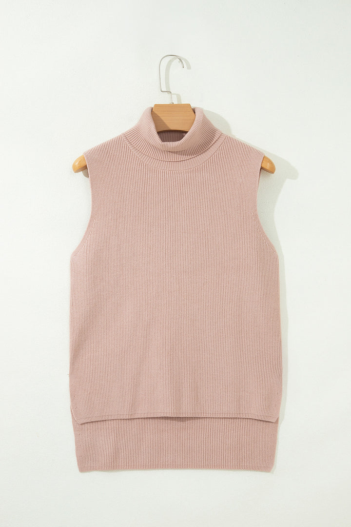 Light French Beige Sleeveless High Neck Knit Wool Sweater Vest