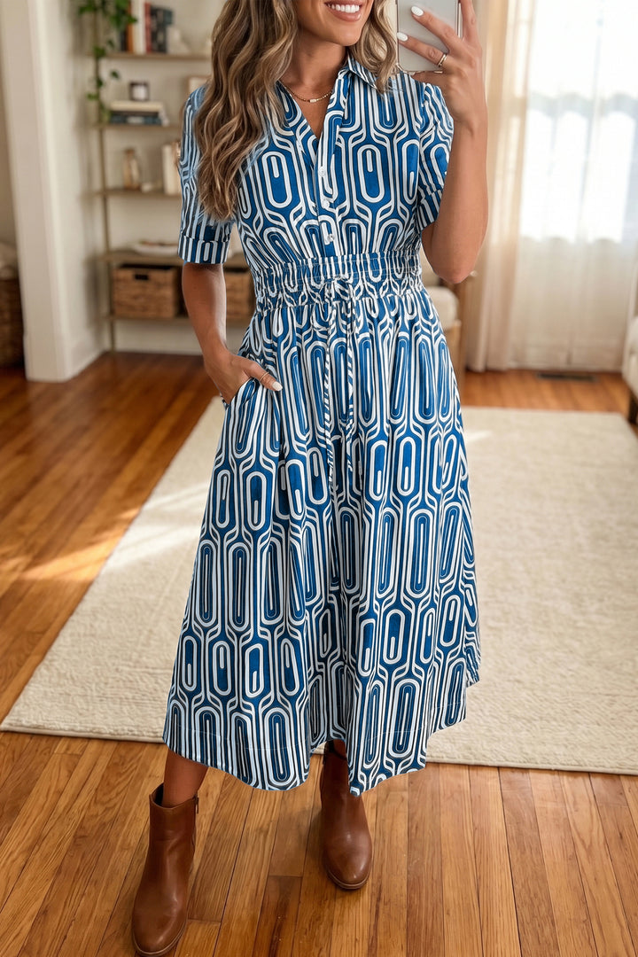 Blue Geometric Print Short Sleeve Shirt Collar Dress