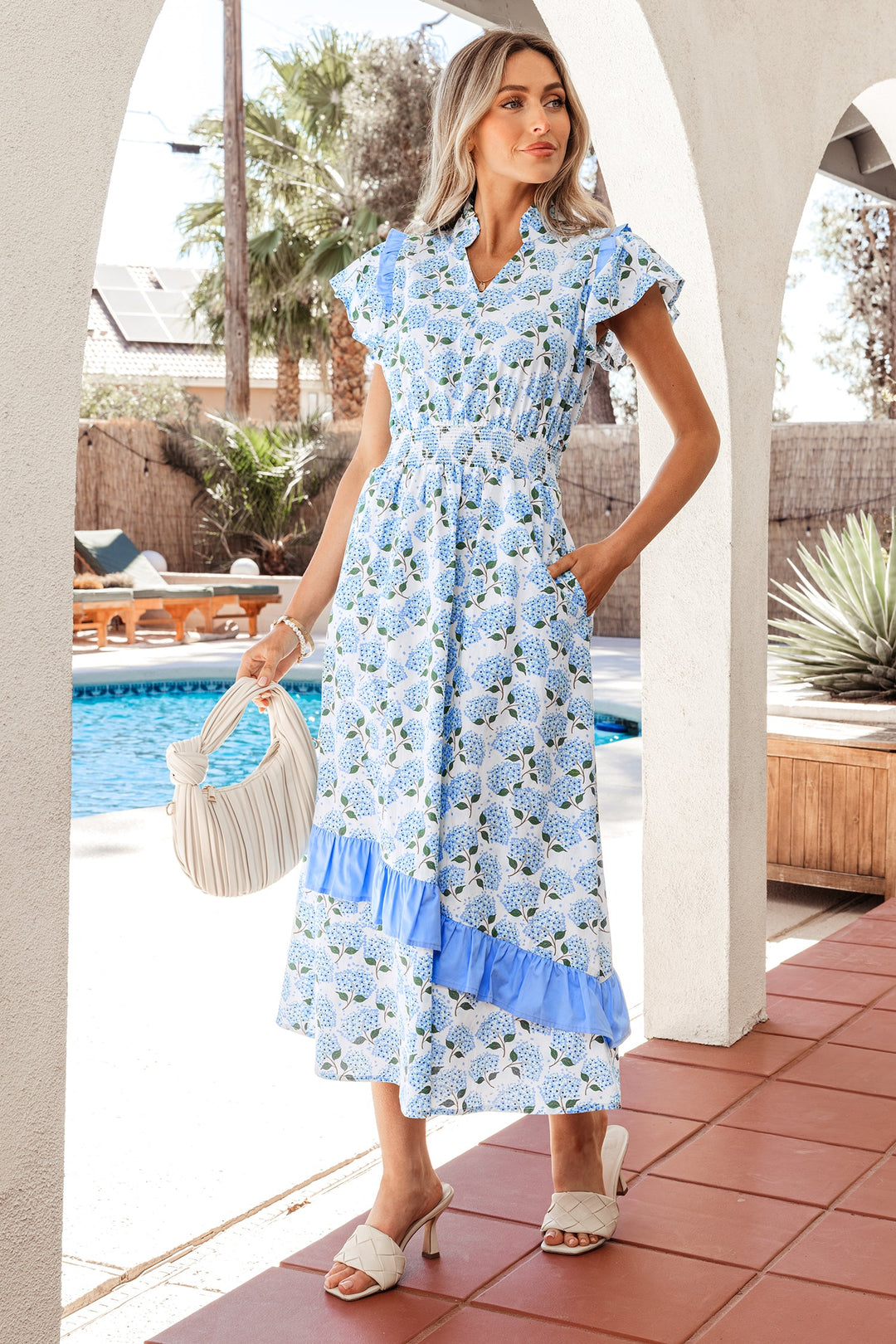 Sky Blue Hydrangea Floral Print Ruffle Trim Flutter Sleeve Long Dress