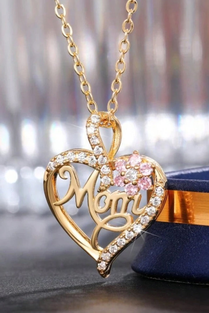 Collier Maman avec Fleur en Strass et Coeur Évidé