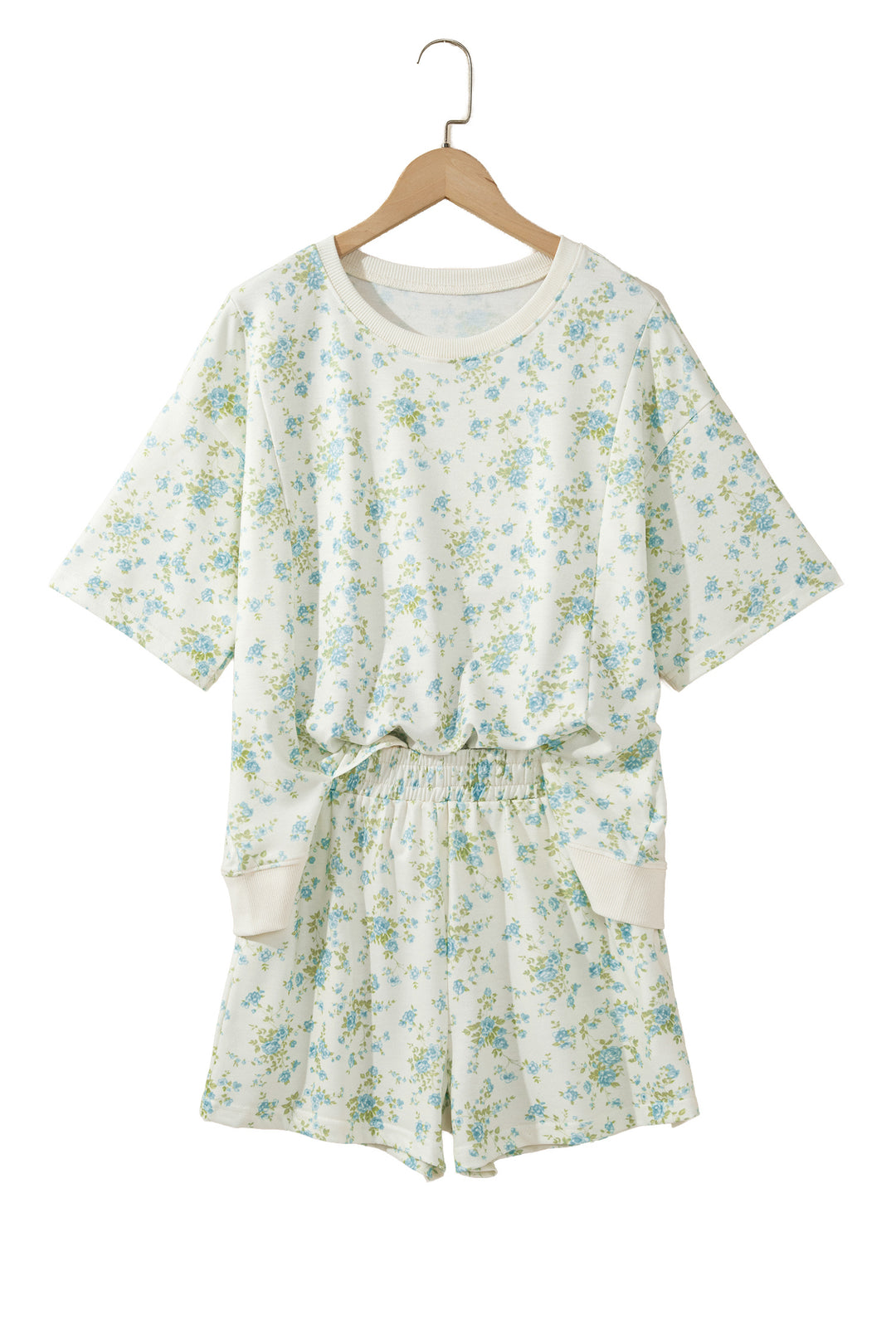 Sky Blue Floral Print Short Sleeve Elastic Waist Pocket Two Piece Set