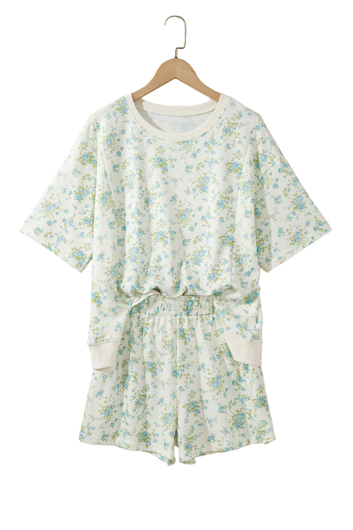 Sky Blue Floral Print Short Sleeve Elastic Waist Pocket Two Piece Set