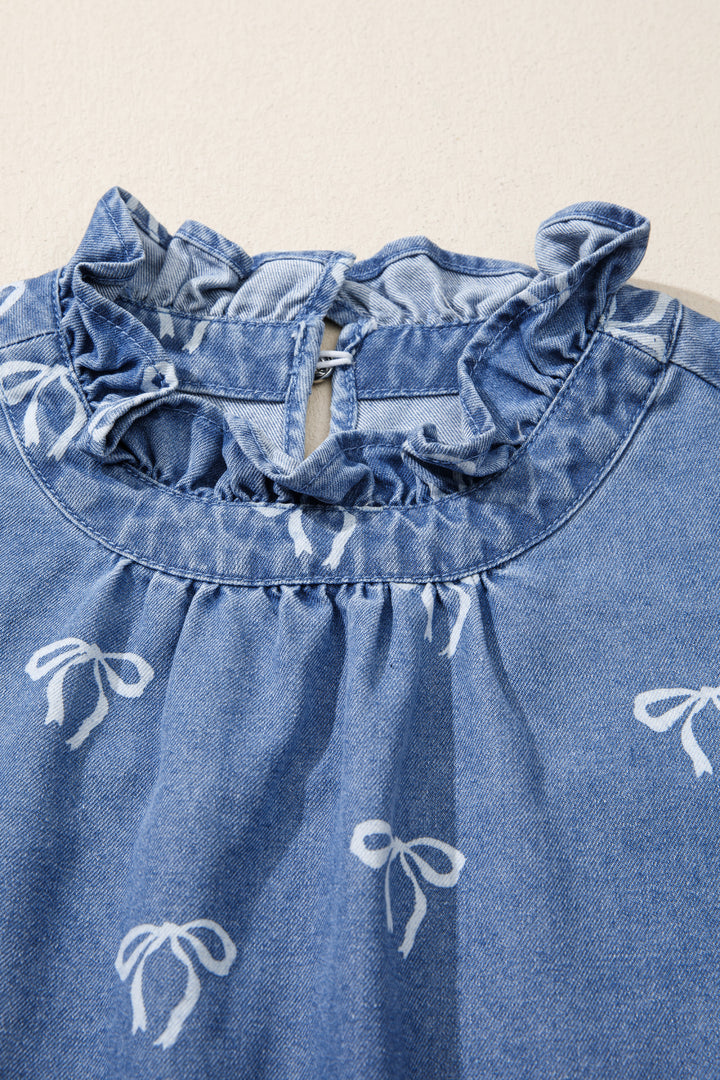 Blue Frilled Collar Flutter Sleeve Denim Top