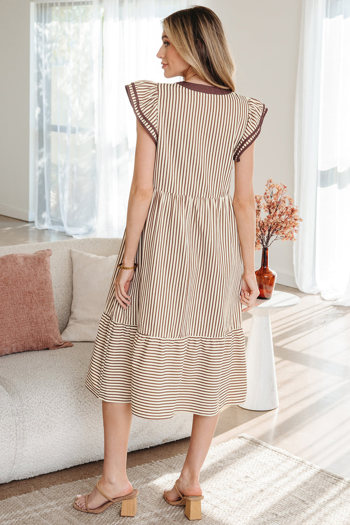 Double Ruffled Short Sleeve Contrast Trim V Neck Midi Dress