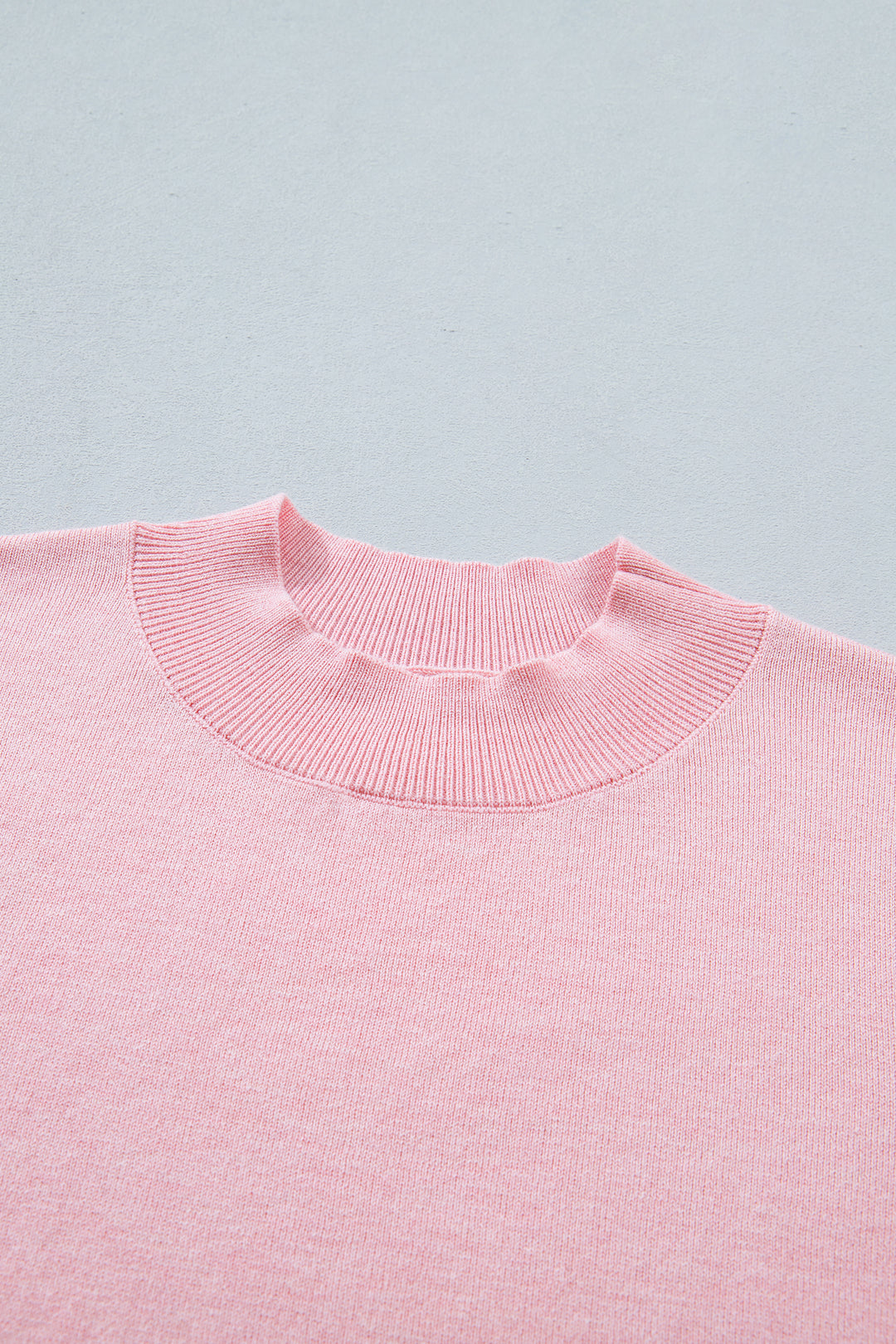 Pink Stand Neck Contrast Wavy Trim Short Sleeve Sweater